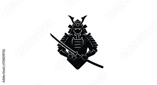 Japanese black samurai warrior silhouette vector illustration logo featuring traditional armor and holding a katana, presented as a stark, minimalist icon on a clean white background.