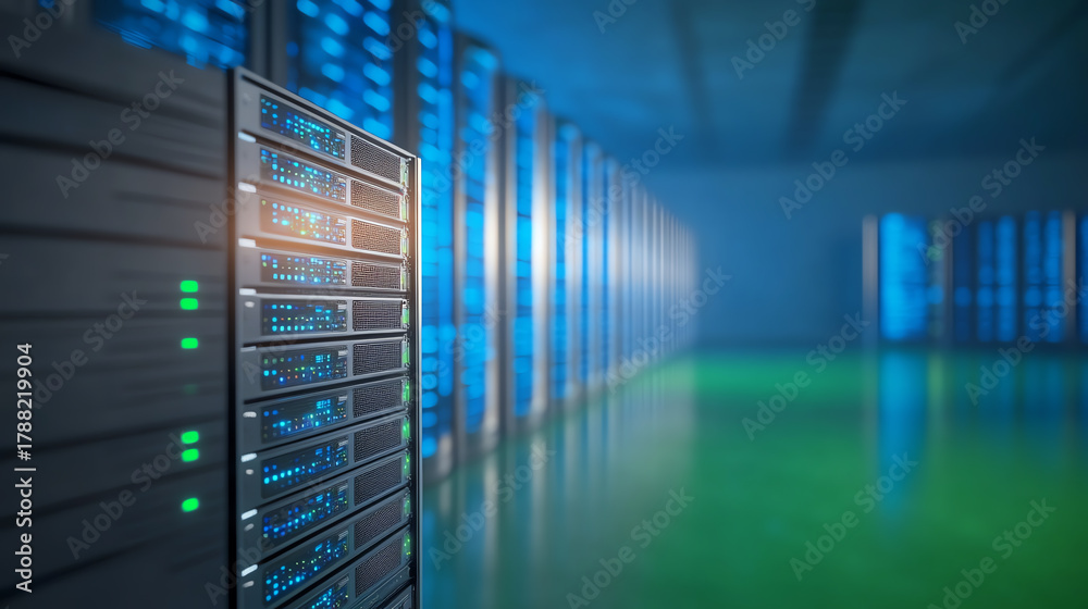 Fototapeta premium Modern data center showcasing advanced servers and efficient cooling systems, representing innovation in technology and data management.