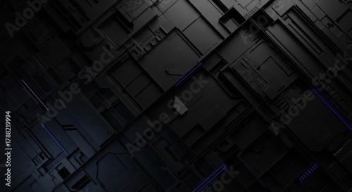 Dynamic dark black background abstract geometric background with subtle neon blue glowing lines, perfect for futuristic tech presentations and modern design projects.