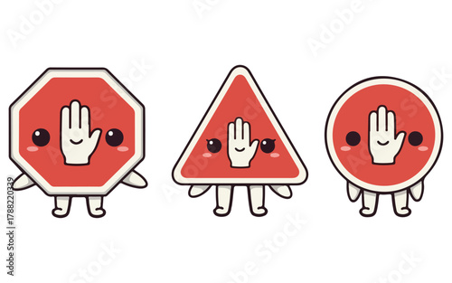 Cute Stop Signs with Hands and Legs, Cartoon Style, Isolated on White Background