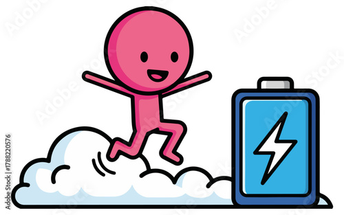 Happy Pink Character Jumping on Clouds Next to Fully Charged Battery Icon
