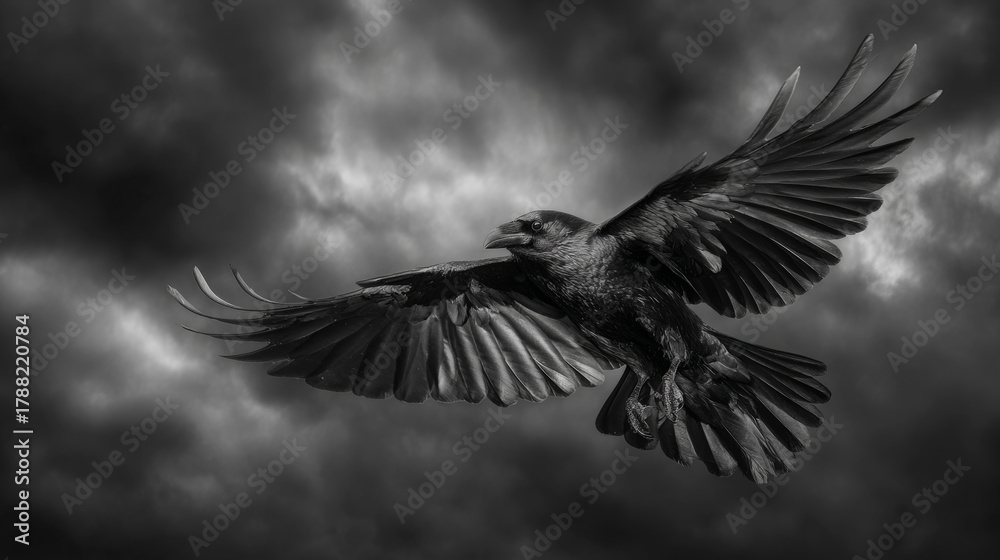Naklejka premium Dark raven flying with outstretched wings against stormy sky