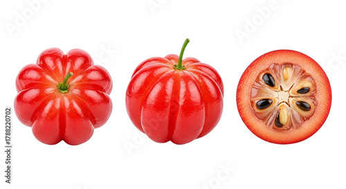 Surinam Cherry Exotic Tropical Fruit Delight Whole Halved Pitanga Detail Red Texture Vitamin C on transparent background