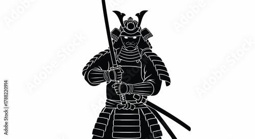 Japanese samurai silhouette holding a katana, standing ready for battle in a dramatic 2D flat vector illustration isolated on a clean white background.