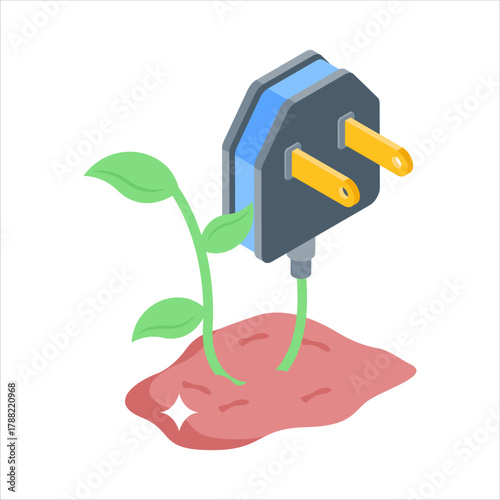 Green eco plug with plant symbolizing renewable sustainable electricity.