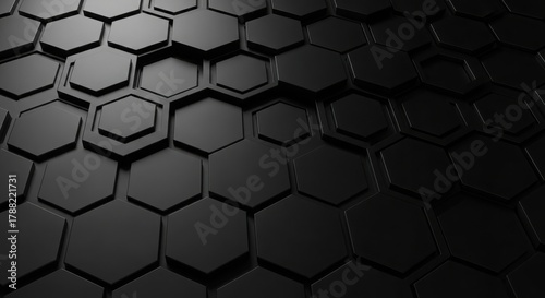 Dynamic dark black background hexagonal pattern creates a sophisticated, modern background for technology, business, and design projects
