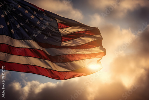 USA flag background. Waving American flag in sunlight flare, close up
