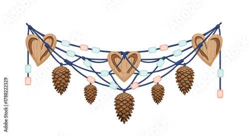 A charming illustration features a festive garland adorned with wooden hearts, pinecones, and delicate pastel beads, perfect for seasonal celebrations.
