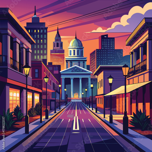 night city street with old buildings and glowing windows