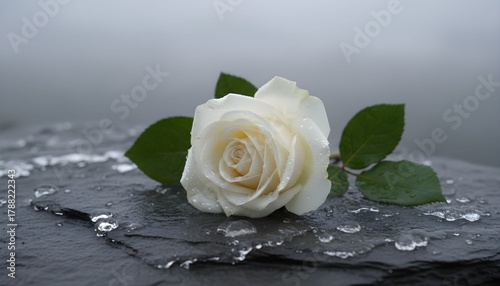 A single white rose rests on a dark, wet stone surface with water droplets.
