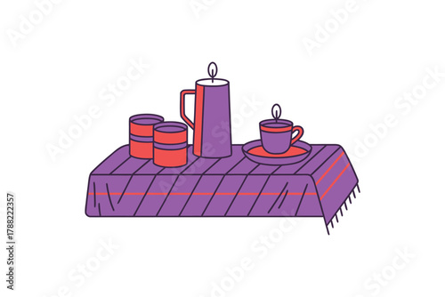 Still life illustration of candles, cups, and a pitcher on a striped tablecloth