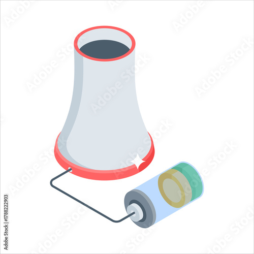 Isometric Illustration of Nuclear Power Plant Connected to Battery