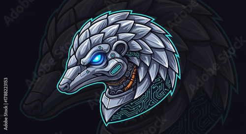 A futuristic, robotic head mascot with glowing blue eyes and metallic scales against a dark background with a neon outline.