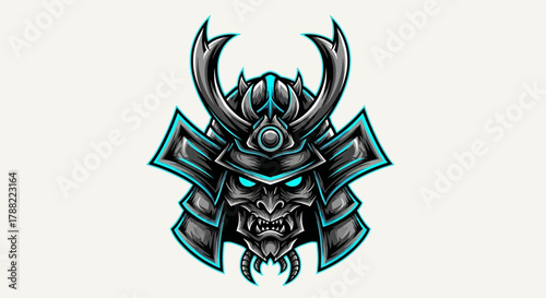 Digital illustration of a samurai head mascot with a menacing expression, wearing a helmet and armor, with blue accents, on a white background.