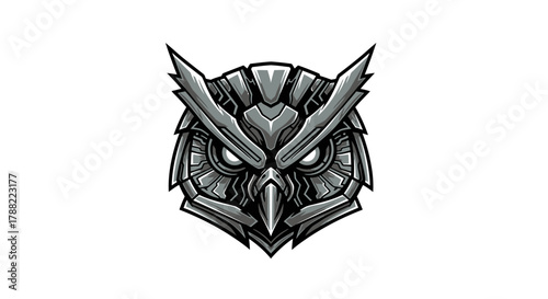 A gray and black illustration of a menacing owl head mascot with sharp feathers and glowing eyes on a white background.