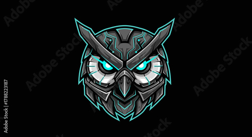 Digital illustration of a menacing owl head mascot with glowing blue eyes and sharp feathers on a black background with teal outlines.