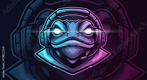 A colorful cartoon frog head mascot wearing headphones with a futuristic design on a dark background.