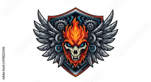A stylized head mascot with a flaming skull and wings on a shield against a white background with a bold and edgy mood.