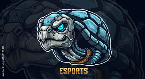 A cartoon snake head mascot with blue and white scales and a menacing expression against a dark background with the word 'ESPORTS' in yellow text.