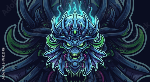 Digital illustration of a menacing blue and green monster head mascot with sharp teeth and glowing eyes against a dark background with abstract swirling patterns.
