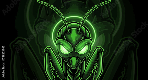 Close-up illustration of a green insect head mascot with glowing eyes against a dark background.