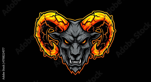 A digital illustration of a fierce head mascot with glowing orange eyes and flames on its horns against a solid black background.