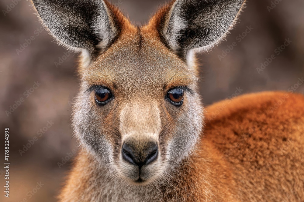 Fototapeta premium Kangaroo close-up showcasing expressive eyes and fluffy fur in warm brown and reddish tones, highlighting prominent ears against a blurred background for captivating wildlife photography