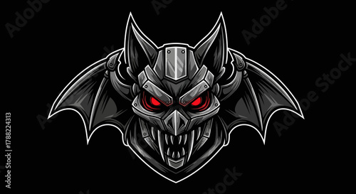 A menacing head mascot with red eyes and sharp teeth set against a solid black background with a bold graphic design.