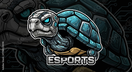 A cartoon turtle head mascot with a blue and gray shell and glowing blue eyes, set against a dark background with a futuristic circuit pattern, representing an esports team or brand.