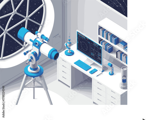 Isometric Astronomy Home Observatory or Study Room with Telescope Vector Illustration - Science and Space Graphic