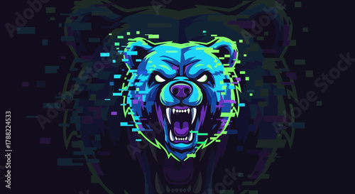 Glowing blue bear head mascot with pixelated effects and an aggressive expression against a dark background with neon green and purple accents.