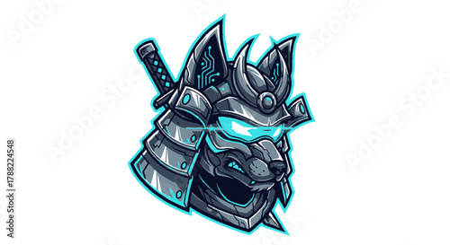 A detailed digital illustration of a dragon head mascot wearing a samurai helmet with a sword, set against a clean white background with a futuristic and edgy mood.