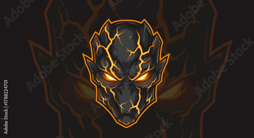 A close-up illustration of a menacing dragon head mascot with glowing orange eyes and sharp details against a dark background.