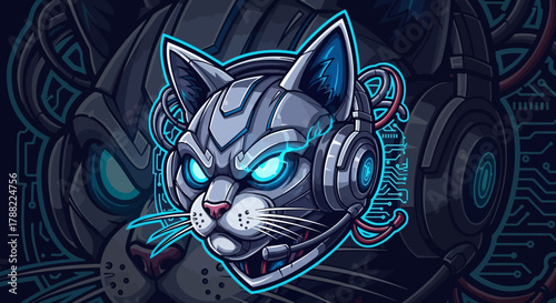 A futuristic robotic cat head mascot wearing headphones with glowing blue eyes and circuits on a dark background with neon accents.