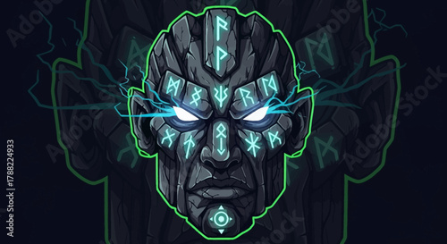 Digital illustration of a mystical head mascot with glowing blue eyes and neon green outline on a dark background.