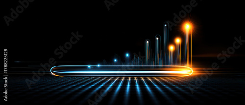 Futuristic progress bar glowing neon line data analytics digital graph technology background abstract light speed concept performance growth cyber grid dark backdrop with blue and orange glow