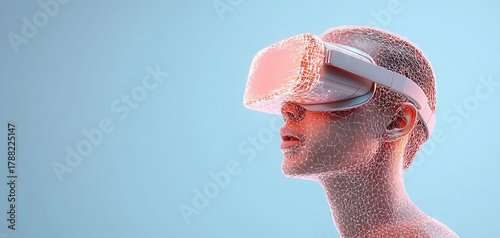 Futuristic virtual reality headset technology cyber digital neon minimal portrait person wearing sleek VR visor soft neon glow, futuristic calm mood with clean lines, immersive tech concept blue