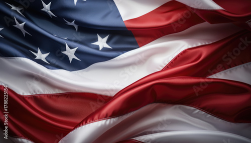 USA flag background. Waving American flag in sunlight flare, close up