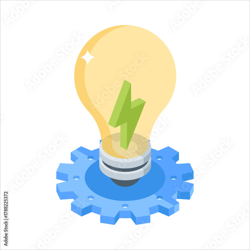 Lightening bolt inside lightbulb with gear concept isometric icon of electricity management
