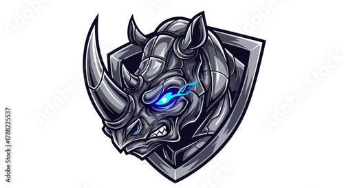A digital illustration of a rhino head mascot with glowing blue eyes, set against a shield on a white background, showcasing a futuristic and bold design.