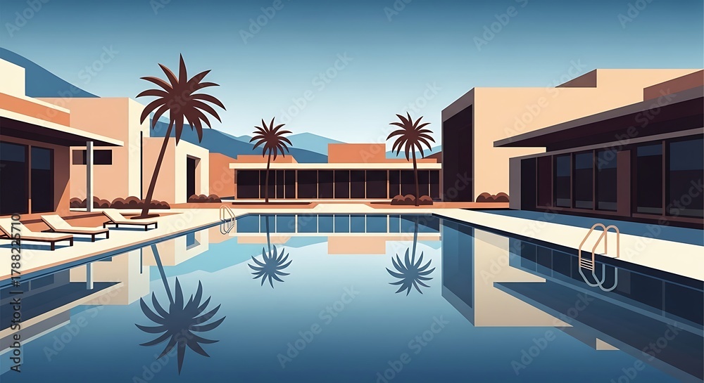 Fototapeta premium Palm Springs architecture illustration featuring pool, lounge and landscape