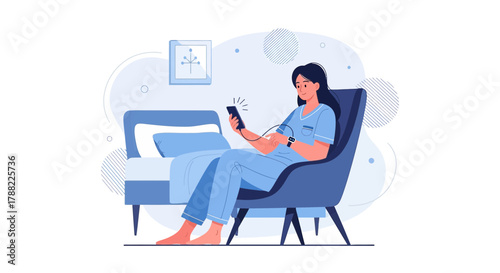 Woman relaxing in armchair while charging her phone in bedroom providing a serene scene for modern