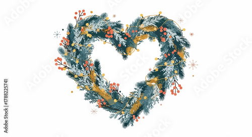 A beautifully crafted heart-shaped evergreen wreath adorned with twinkling lights and vibrant red berries, perfect for festive holiday celebrations or romantic occasions.