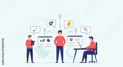 Team of professionals collaborating on a business project with data analysis charts and icons representing ideas and strategy