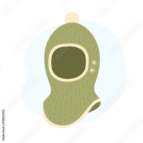 Knitted balaclava hat with soft beige trim and round face opening, cozy balaclava hat symbolizing warmth and stylish winter comfort, balaclava hat illustration for modern seasonal fashion projects.