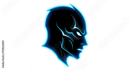 Digital illustration of a futuristic head mascot in profile with glowing blue lines on a white background.