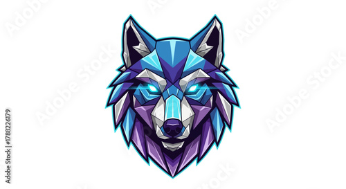 Digital illustration of a stylized wolf head mascot with vibrant blue, purple, and white hues on a clean white background.