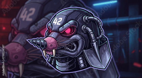 A futuristic robotic rat head mascot with glowing red eyes and metallic components set against a dark background with neon lights.