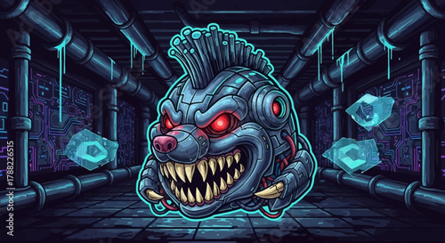 Digital illustration of a robotic fish head mascot with glowing red eyes and sharp teeth in a futuristic industrial setting with metallic pipes and neon blue accents.