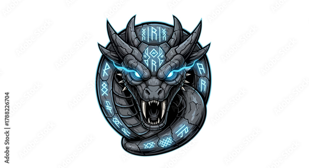 Naklejka premium A digital illustration of a dragon head mascot with glowing blue eyes and sharp teeth on a white background with a circular design.